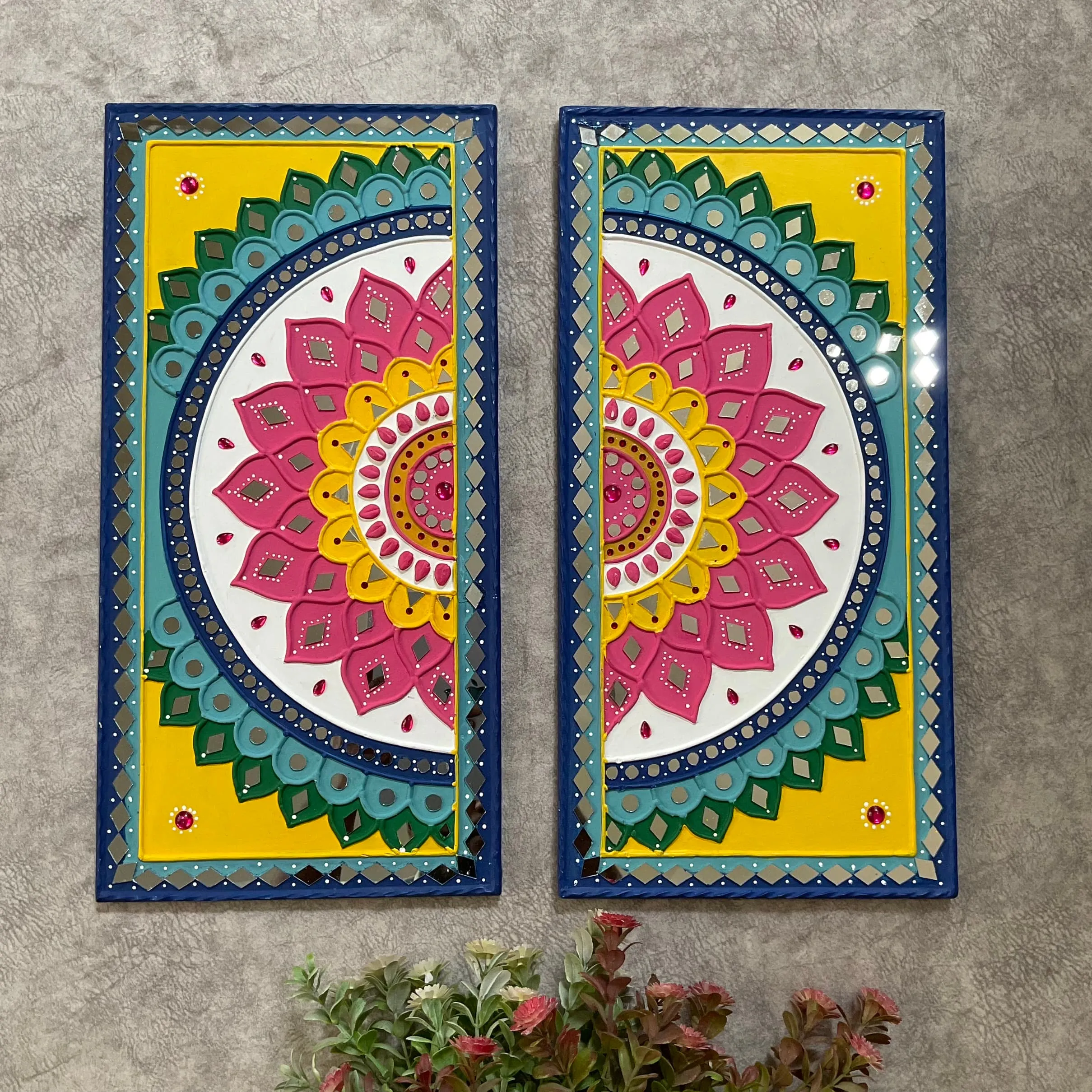 Colourful Flower Rangoli Lippan Wall Hanging - Clay Mirror Wall Decor