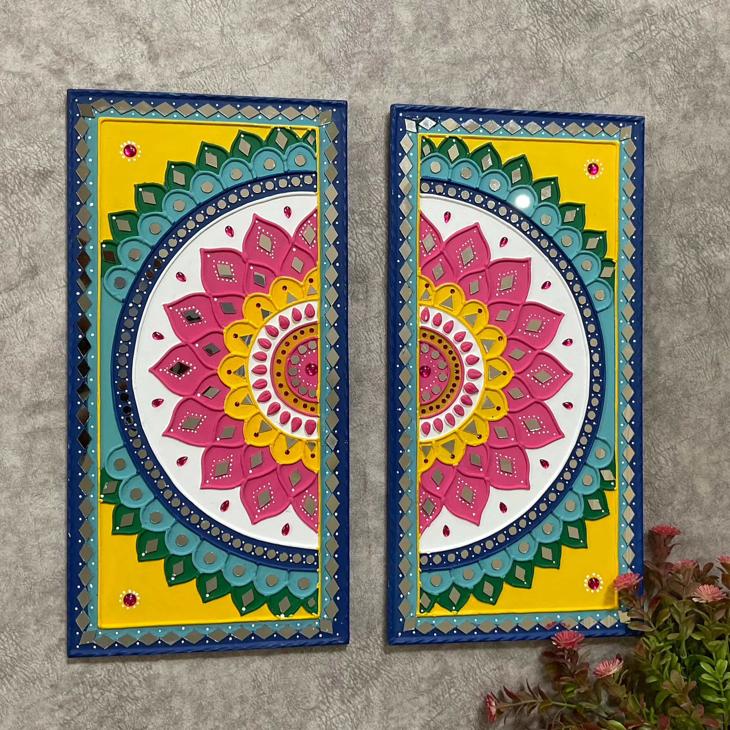 Colourful Flower Rangoli Lippan Wall Hanging - Clay Mirror Wall Decor