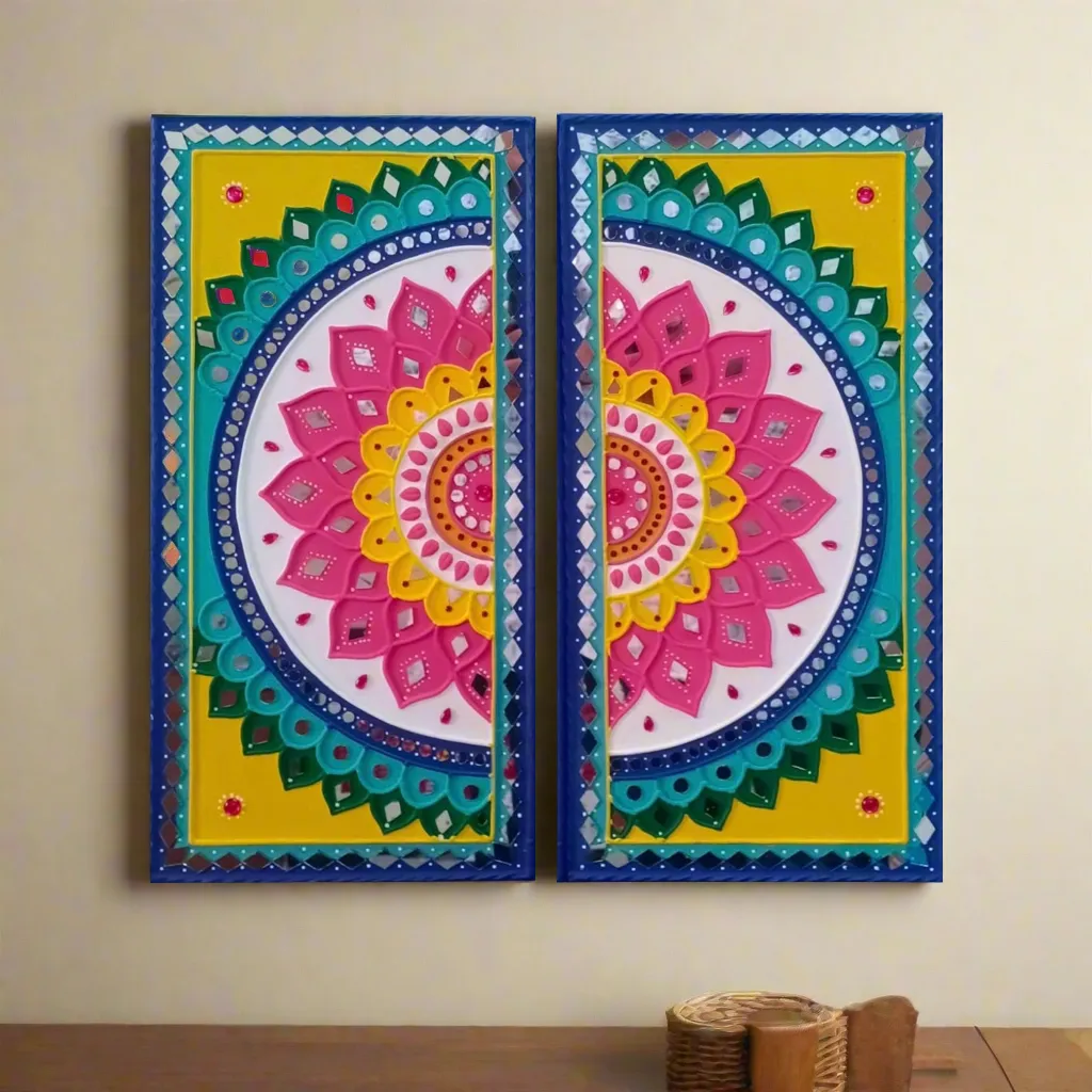 Colourful Flower Rangoli Lippan Wall Hanging - Clay Mirror Wall Decor