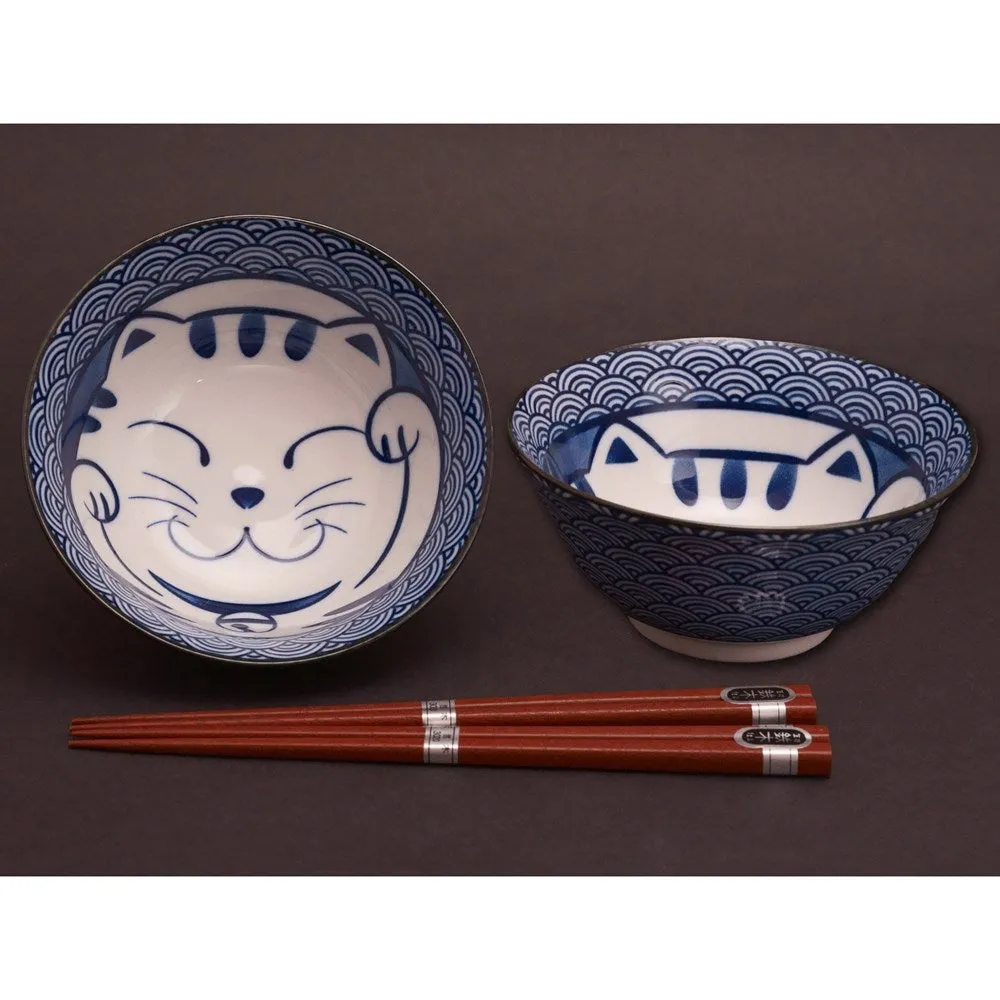 Concept Japan: 2pc Bowl Set with Chopsticks Seikaiha Cat