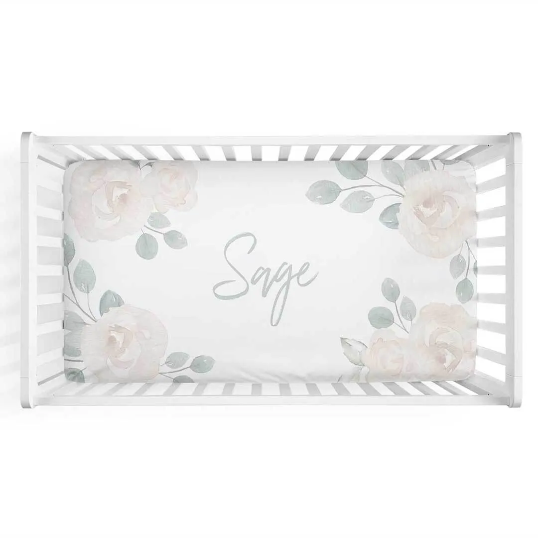 Eleanor's Sage & Ivory Floral Personalized Crib Sheet