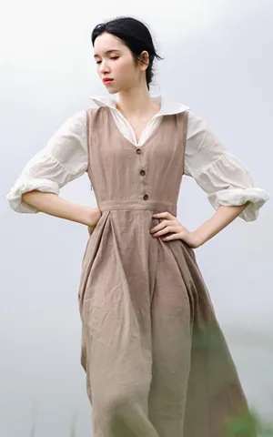 Elise Long Sleeve Dresses Women Vintage Elegant Slim 100%Linen Dress Pastoral Style V-Neck Two-Piece Dress