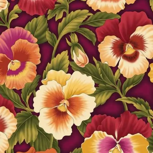 Flower Festival Burgundy Flame Pansies Fabric