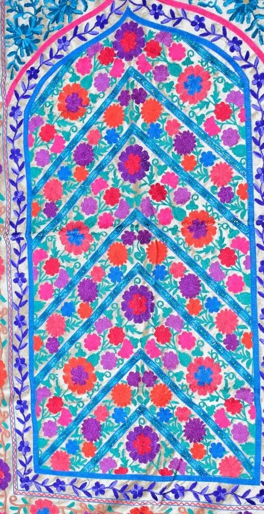 Fluorescent Creamy White Colour With Multi Colour Thread Kashmiri Aari Work Prayer Rug