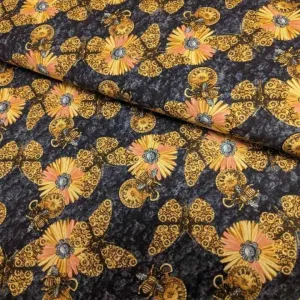 Gold Coloured Butterflies - Black - Alternative Age Fabric