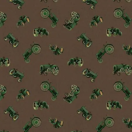 Green Tractors on Brown, Marigold Homestead Camelot fabrics