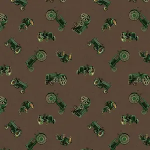 Green Tractors on Brown, Marigold Homestead Camelot fabrics