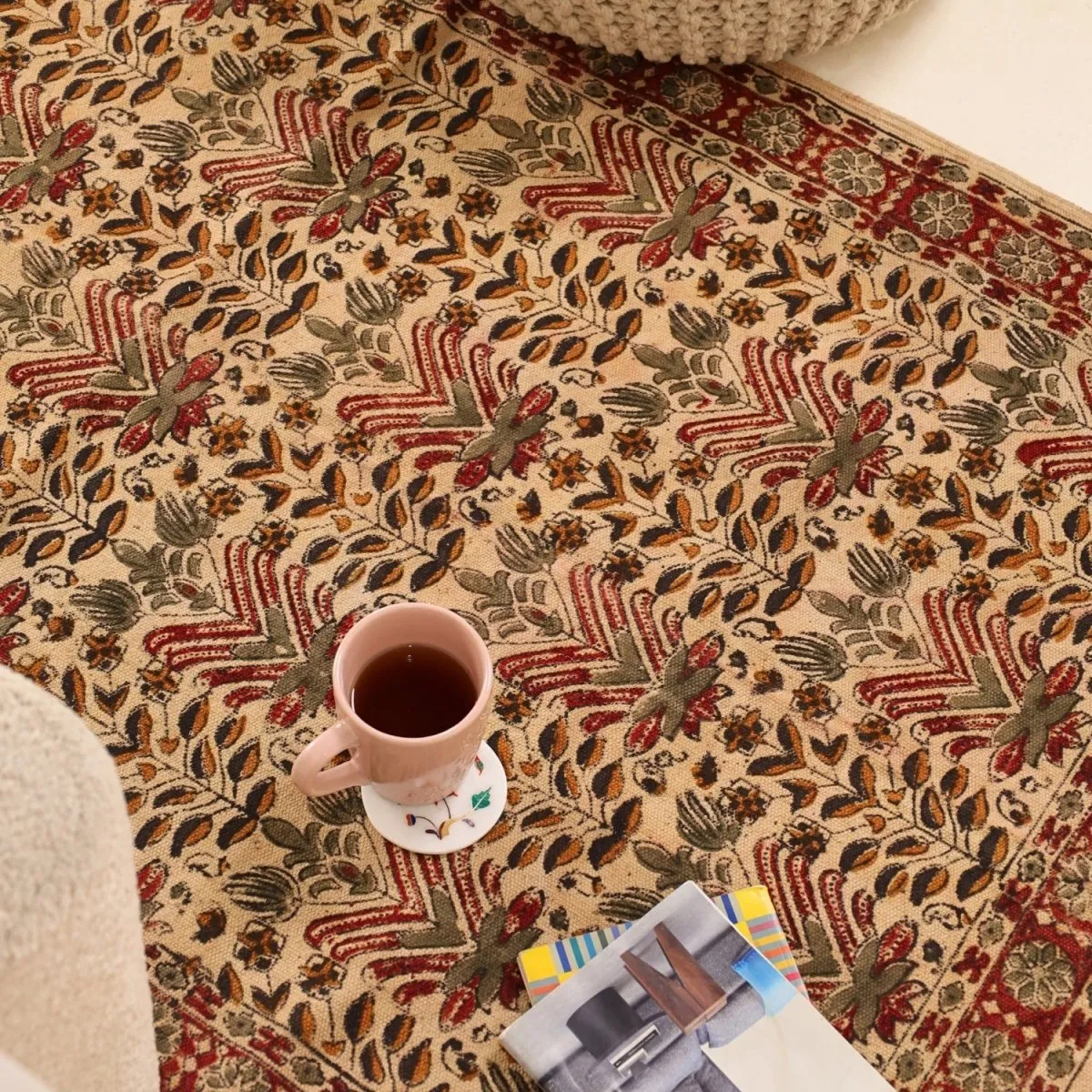 Handcrafted Kalamkari Print Cotton Rug with a Floral Pattern