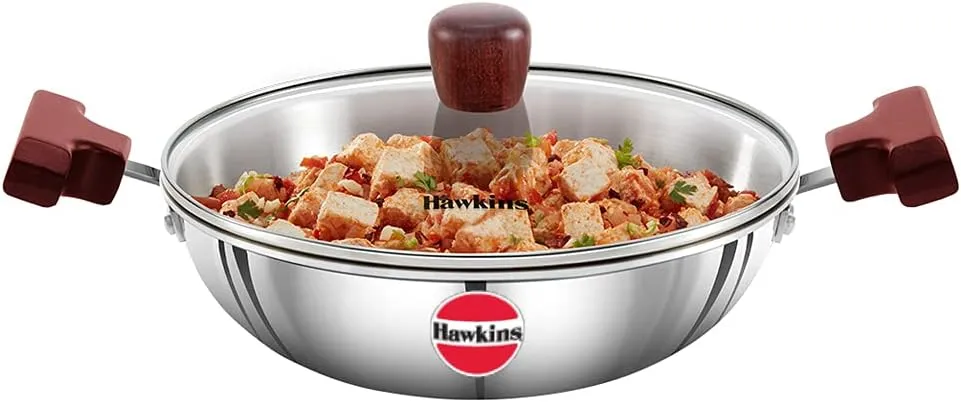 Hawkins 1.5 Litre Deep Fry Pan, Triply Stainless Steel Kadai with Glass Lid, Flat Bottom Induction Kadhai, Small Kadai, Silver