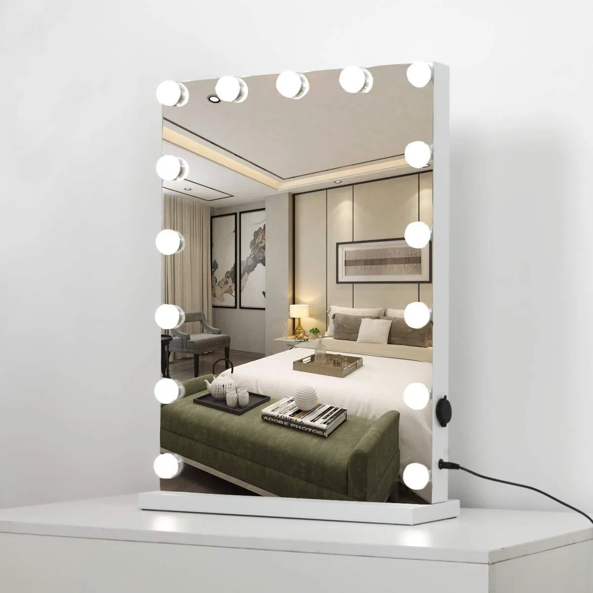 Hollywood Mirror Lighted Vanity Mirror, Hollywood Style Touch Control Makeup Application with 3 Color Tone Dimmer and USB Charging Port, Energy-Saving & Long Lasting, 18.2" W x 22.8" H, White