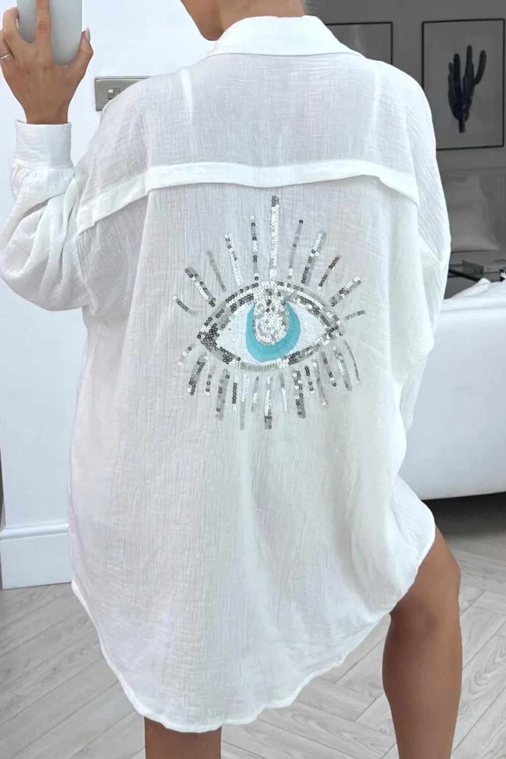 Iysha white sequin eye button up shirt