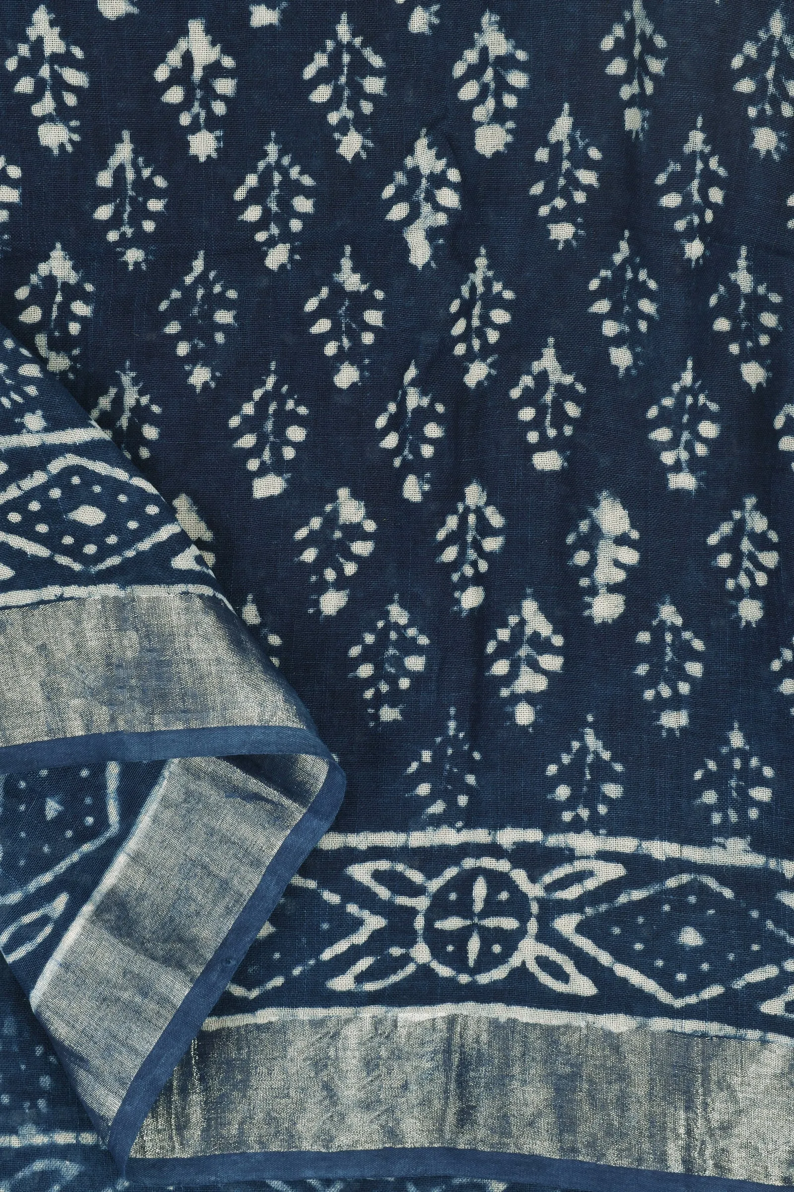 Teejh Aakash Indigo Block Print Linen Saree With Blouse Piece