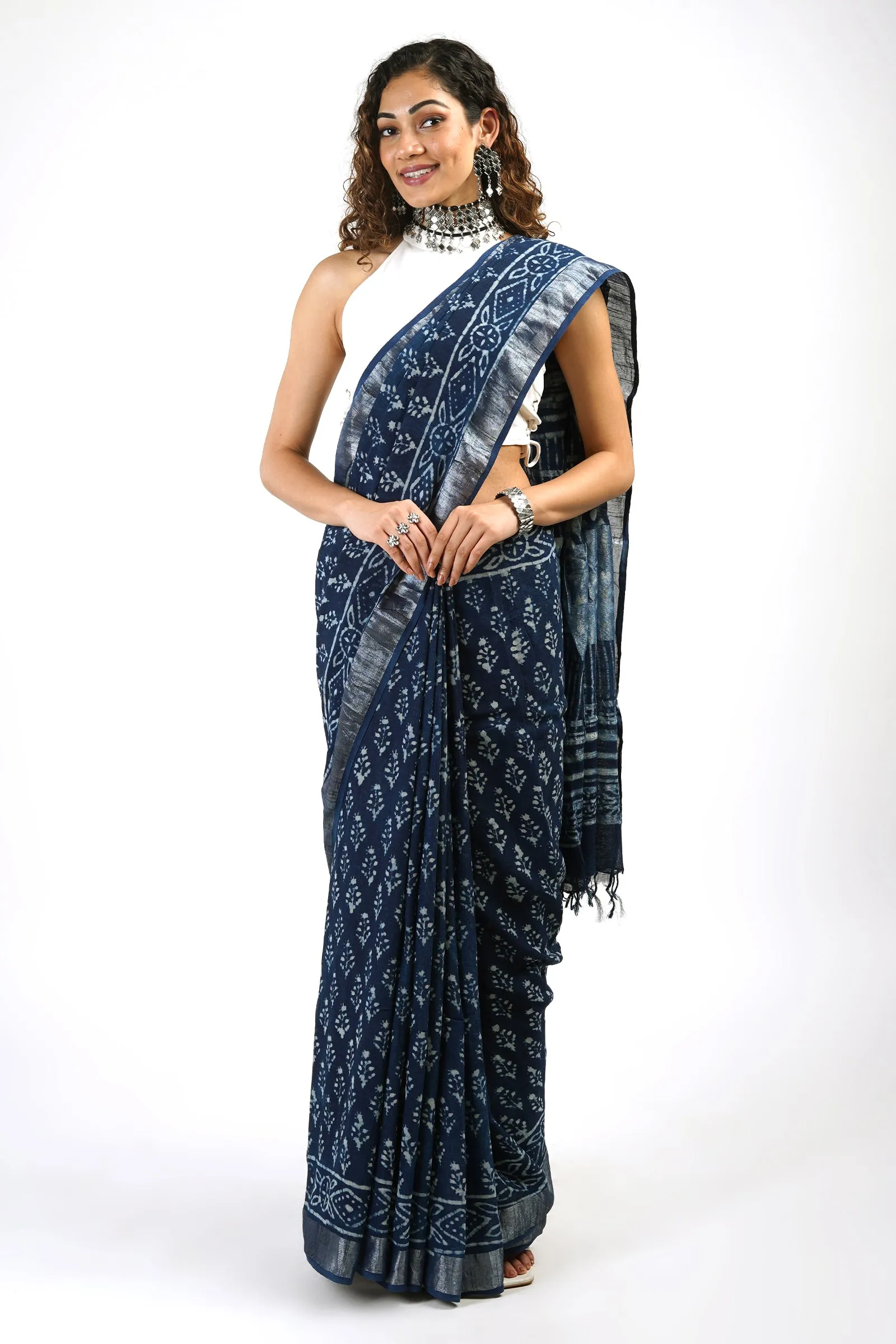 Teejh Aakash Indigo Block Print Linen Saree With Blouse Piece