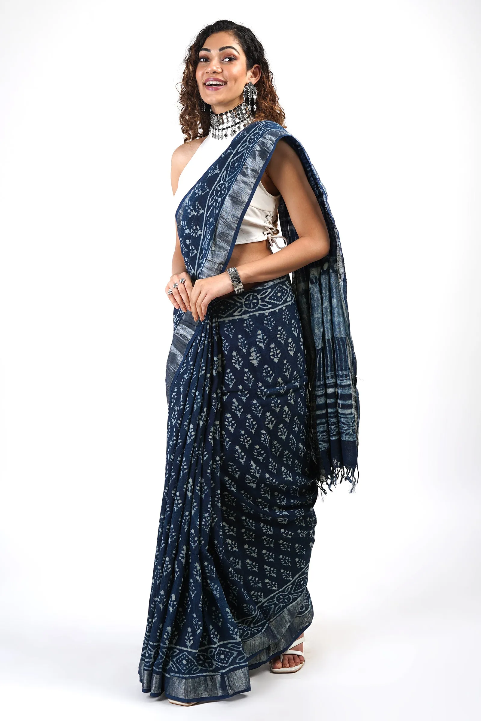 Teejh Aakash Indigo Block Print Linen Saree With Blouse Piece